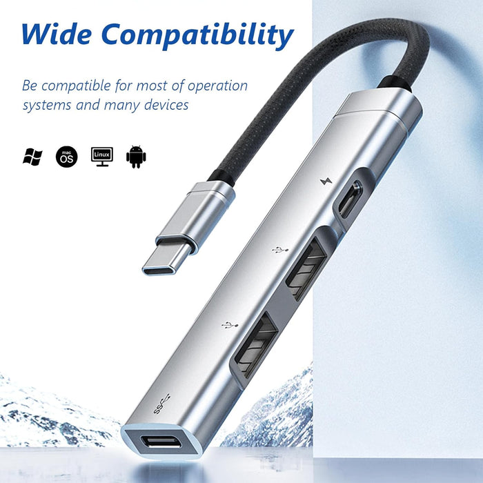 USB-C Multiport Hub 4-in-1 Adapter with 2 USB Ports & Dual Type-C PD Charging, Aluminum Alloy