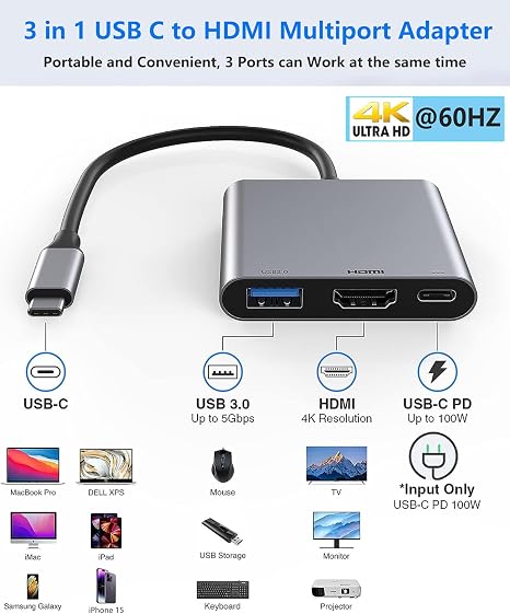 3-in-1 USB-C Multifunction Adapter USB Hub (HDMI + USB 3.0 + PD 100W Charging)