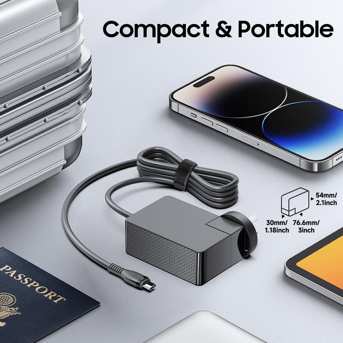USP 65W USB-C GaN Charger + USB-C Cable- Black Compact Laptop Charger