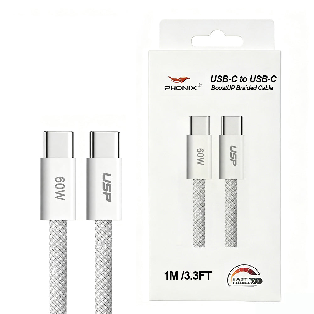 0.2M Braided White USB-C to USB-C PD 60W High Density  Fast Charging Cable  Phonix
