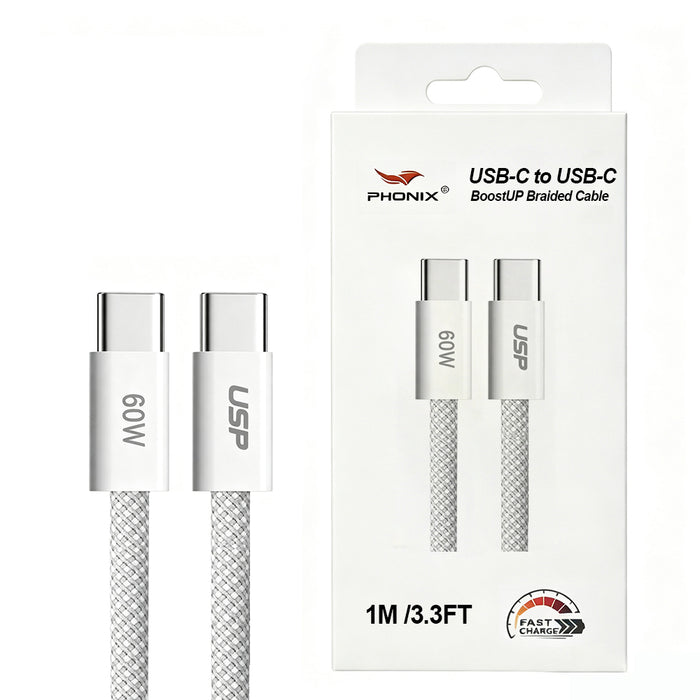 1M Braided White USB-C to USB-C PD 60W High Density  Fast Charging Cable  Phonix