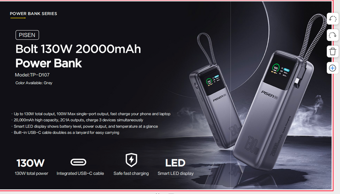 Bolt 130W 20000mAh Labtop Power Bank Pisen