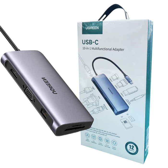 10-in-1 USB-C To 3*USB 3.0 A+HDMI+VGA+RJ45 Gigabit+SD/TF+AUX3.5mm+PD Converter Ugreen