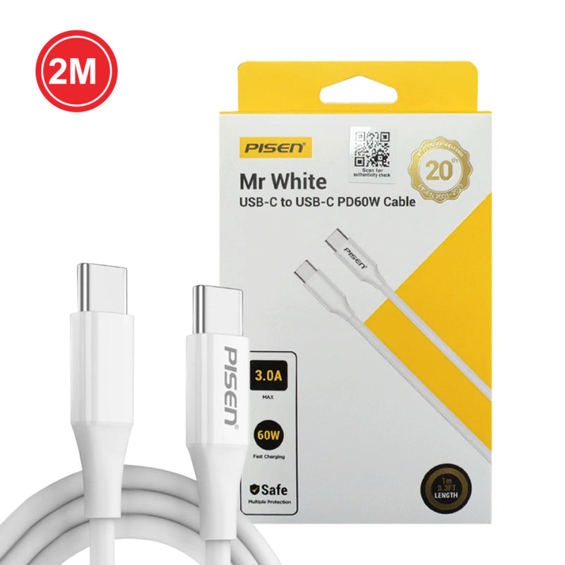 Pisen Mr White 2M USB-C to USB-C PD60W Fast Charging Data Cable (CC-PD01-2000)