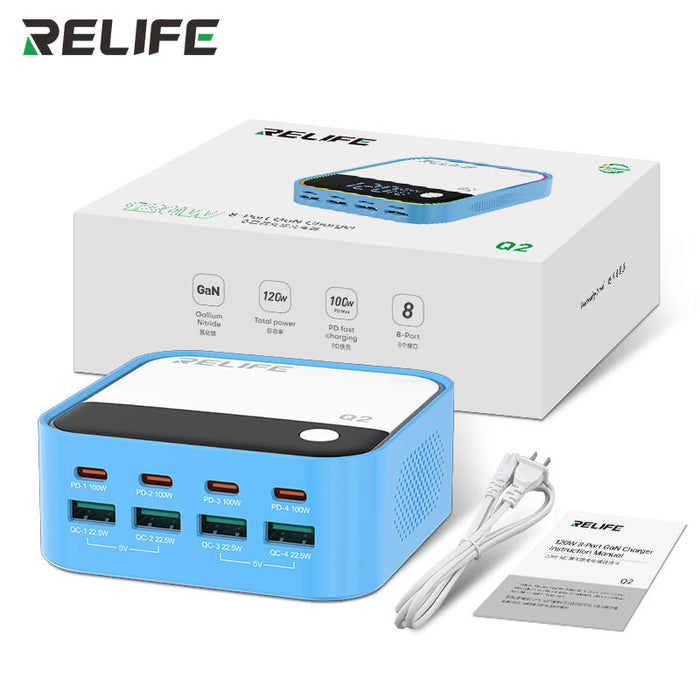 Relife Q2 120W 8-Ports Desktop Charger with PD100W Charging & RGB Atmosphere Lighting