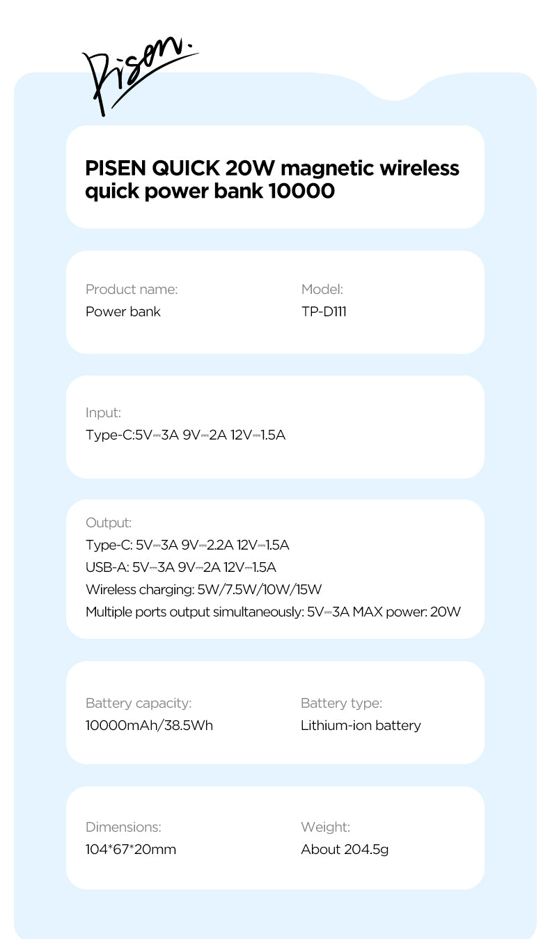 CCC Certified(3C) Pisen PowerMag Magnetic 20w 10000mah Power Bank