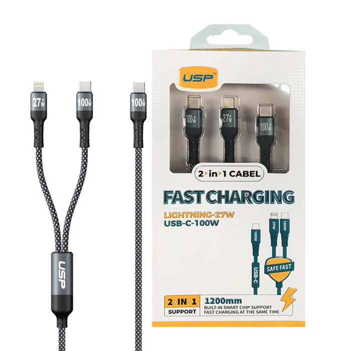 2 in 1 USB-C to Lighting + USB-C  Super Fast Charging Cable 100W  Nylon Braided Cable 1.2M USP