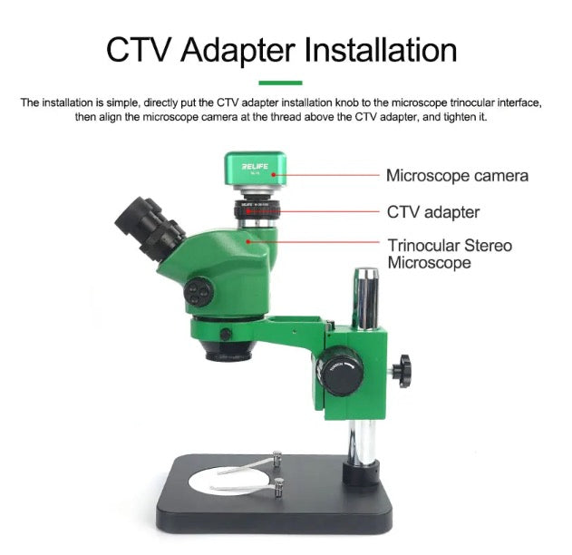 RELIFE M-28 0.5X Trinocular Stereo Microscope CTV Lens