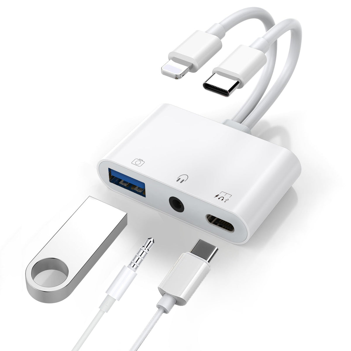 Lightning + USB C to Aux Audio Headphone Jack Adapter,Multi USB OTG