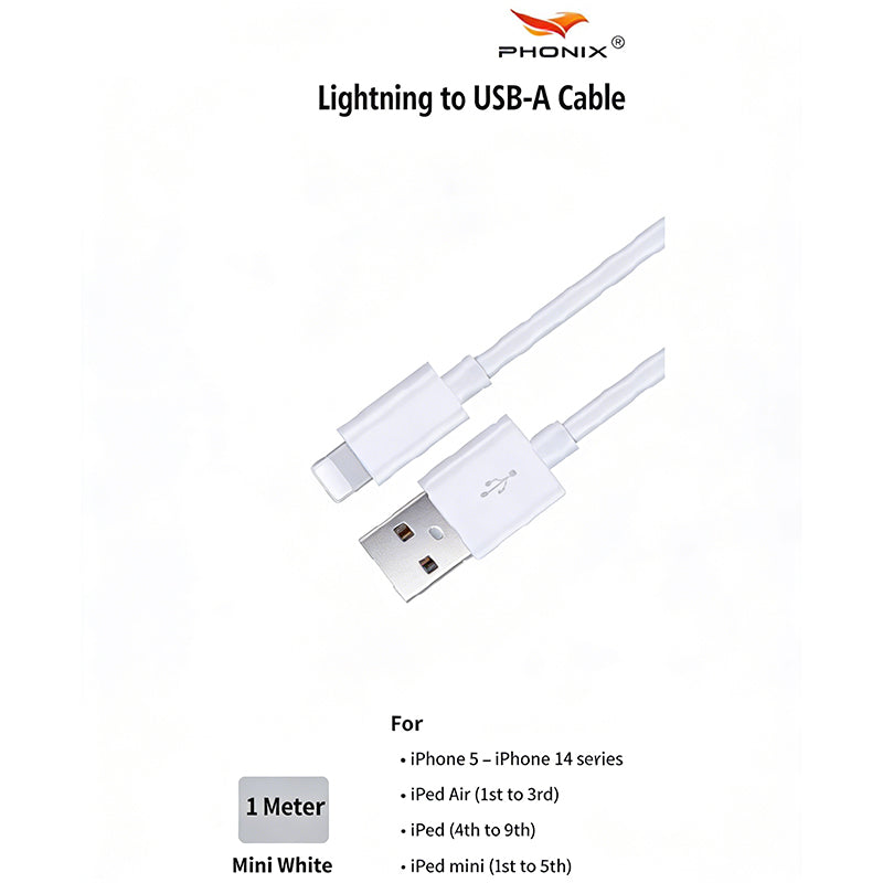 1M Lightning to USB-A Mini White Cable  Phonix