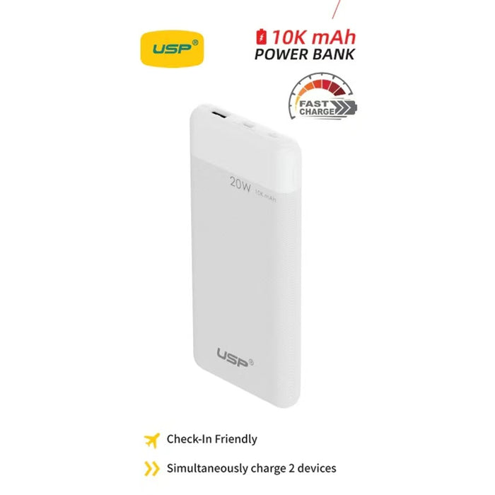 USP 20W Fast Charge Power Bank 10K mAh (10000mAh) with 2 USB Outputs PB25110 White