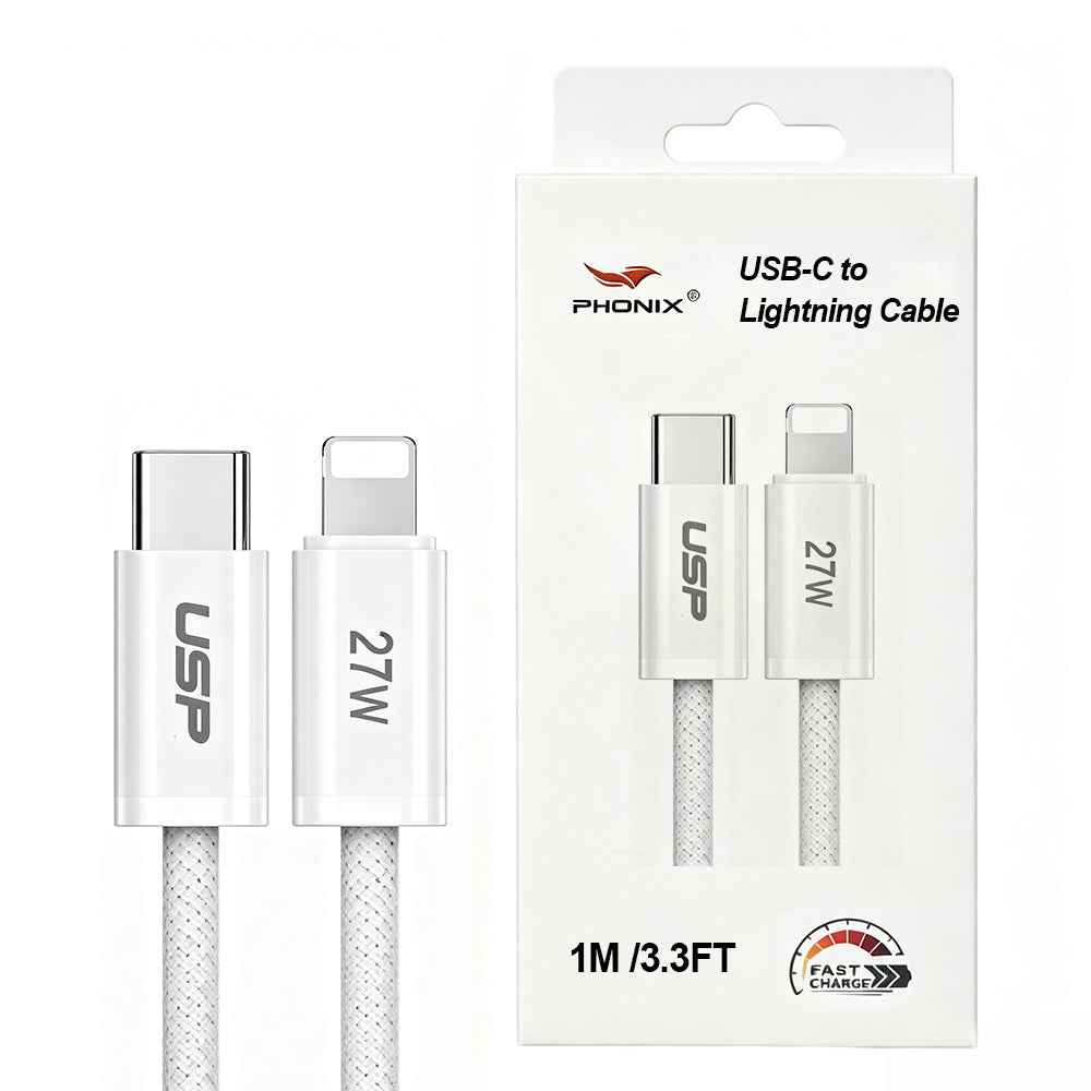 1M Braided White Lightning to USB-C PD High Density  Fast Charging Cable Phonix