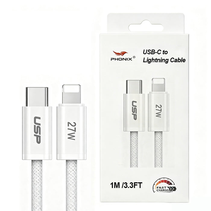 1M Braided White Lightning to USB-C PD High Density  Fast Charging Cable Phonix