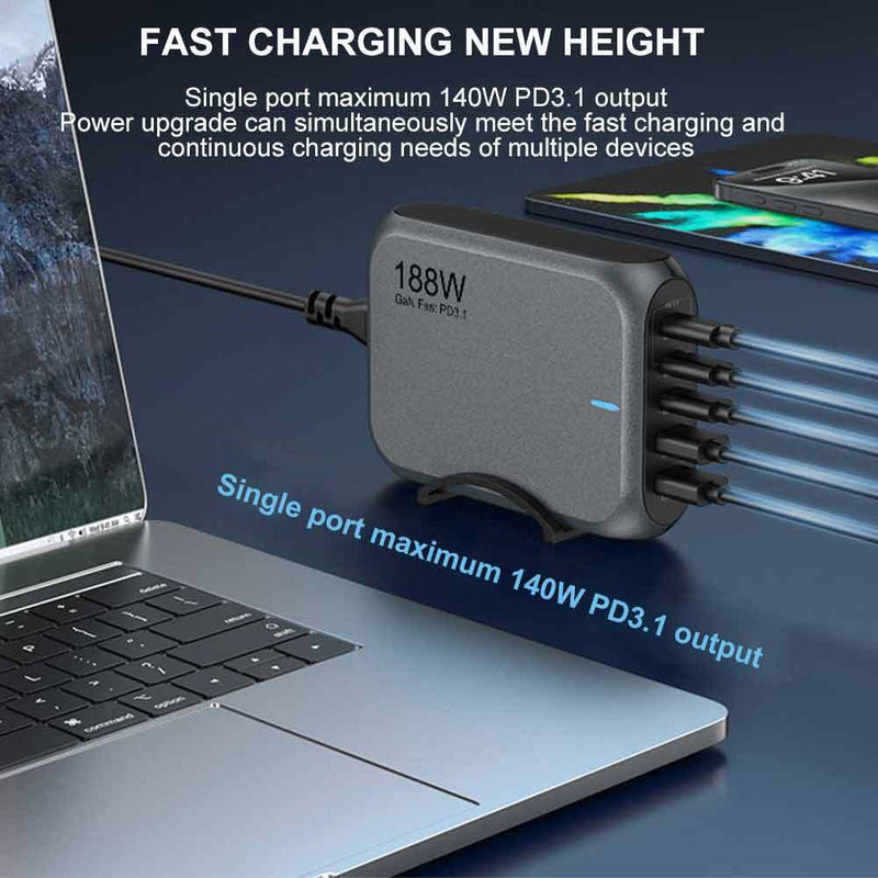 188W GaN 5 Ports USB-C PD Super Fast Laptop Wall Charger USP