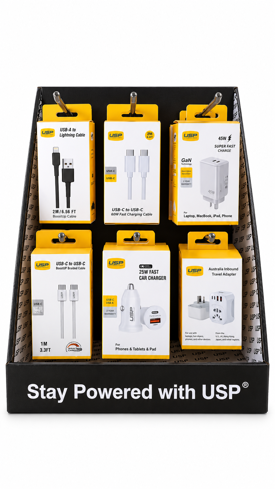 USP six-position countertop display stand - front view; display products not included