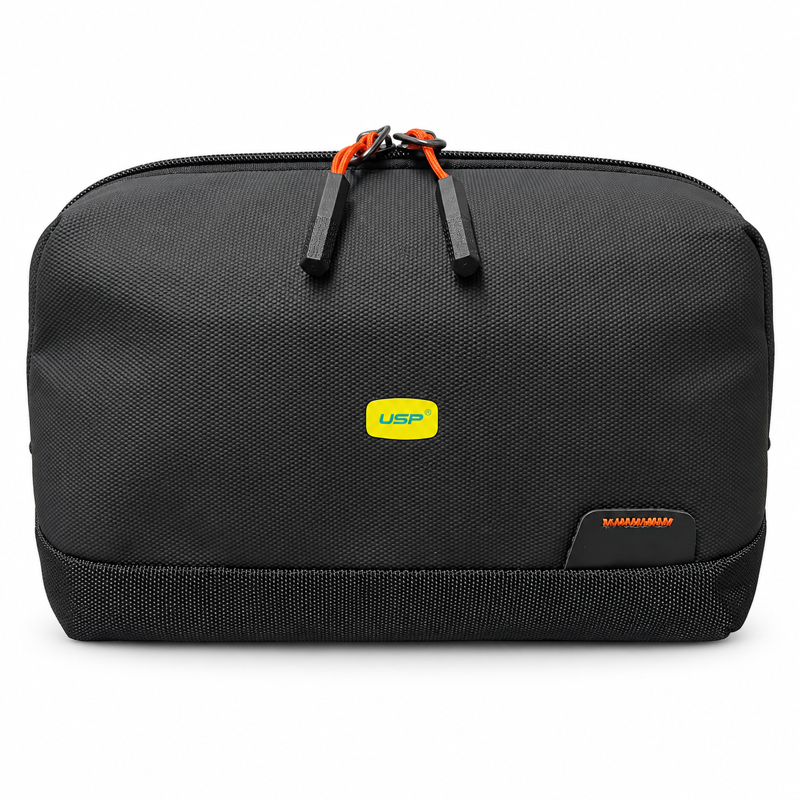 USP black electronics organizer travel bag with orange zipper cords