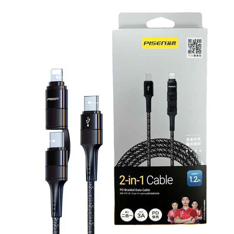 Pisen 2 in 1 Multi Charging Cable 1.2M USB-C to Lighting or USB-C Multi Fast Charging Cable Nylon Braided Cable