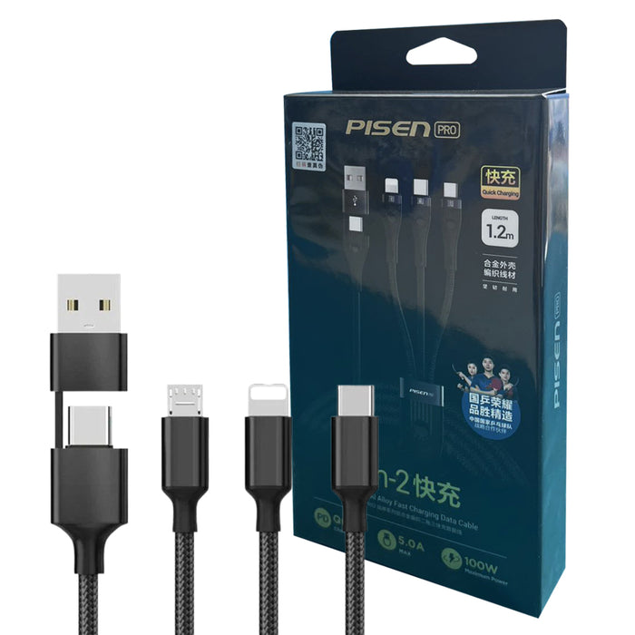 Pisen Pro 100W 3 in 2 Multi Charging Cable 1.2M USB C Multi Fast Charging Cable Nylon Braided Cable U+C to M+L+T