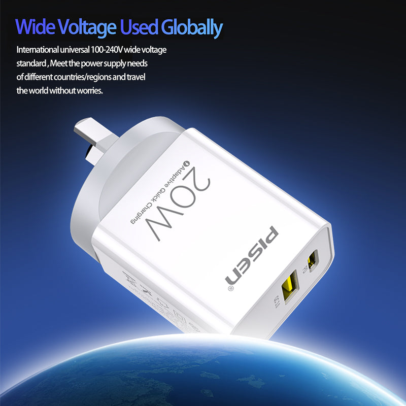 【 Bundle 】20W USB A + TYPE C Fast Wall Charger  (With  Lightning  Cable 1m) PISEN