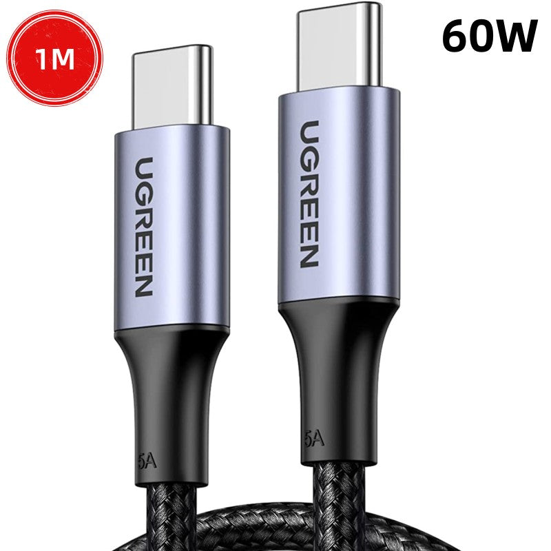 1M 60W USB-C  To USB-C  3A Data Cable Aluminum Nylon Braid Grey+ Black Ugreen Compatible for iPhone 15 Series