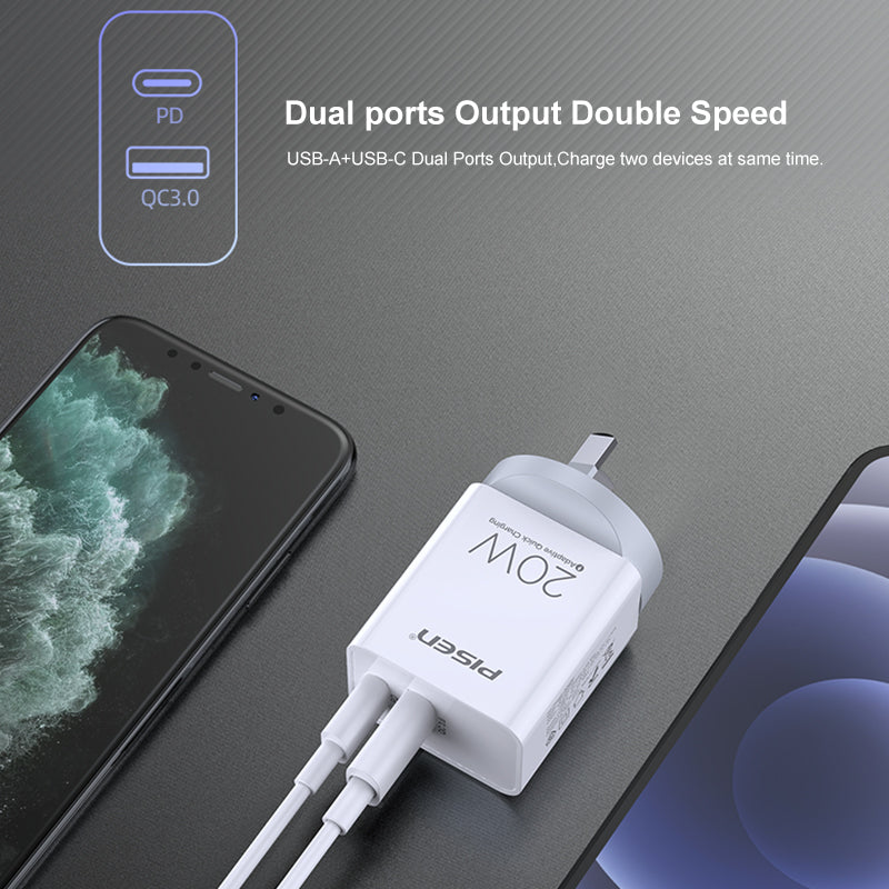 【 Bundle 】20W USB A + TYPE C Fast Wall Charger  (With  Lightning  Cable 1m) PISEN