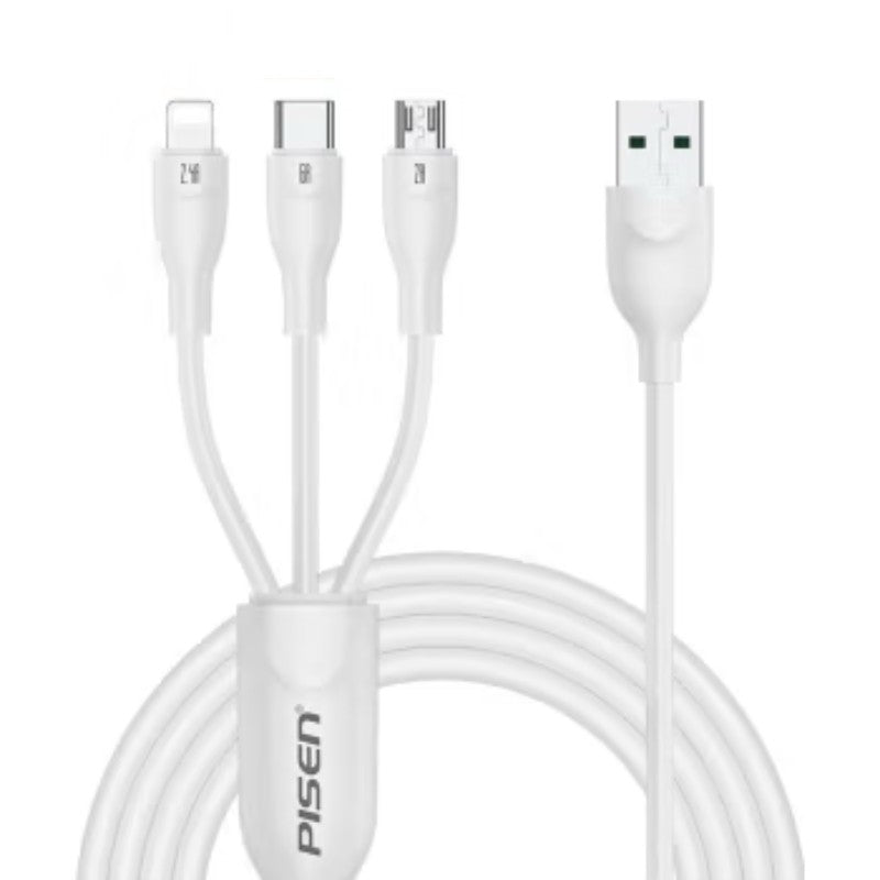 3 in 1 1.2M 6A Superfast All Protocol Charging  Data Cable(1200mm) White AP17-1200 PISEN